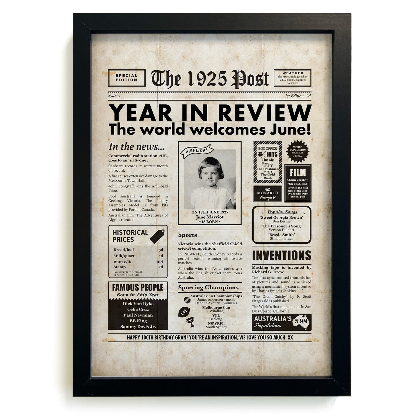 1925 Personalised Australian Newspaper in black frame