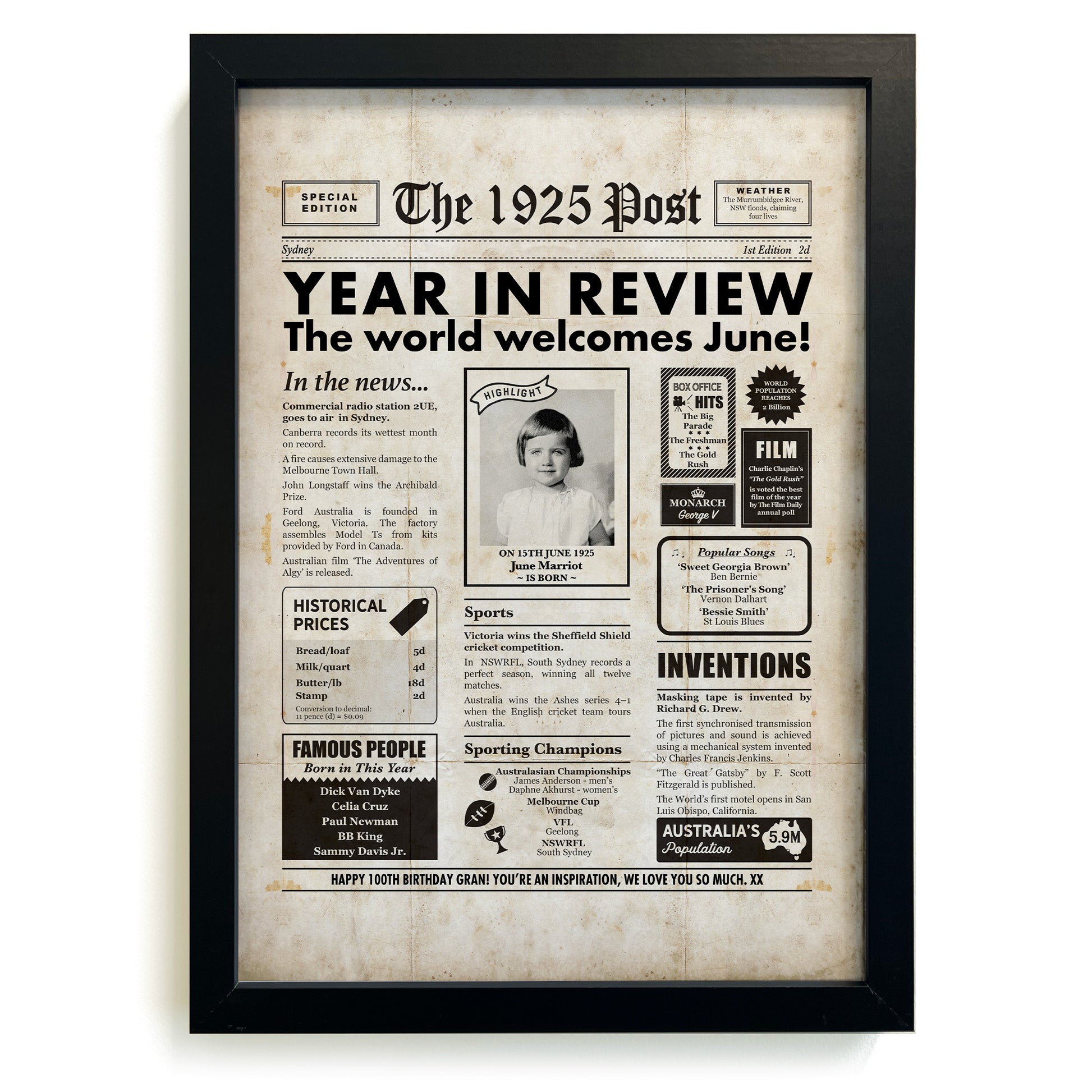 1925 Personalised Australian Newspaper in black frame