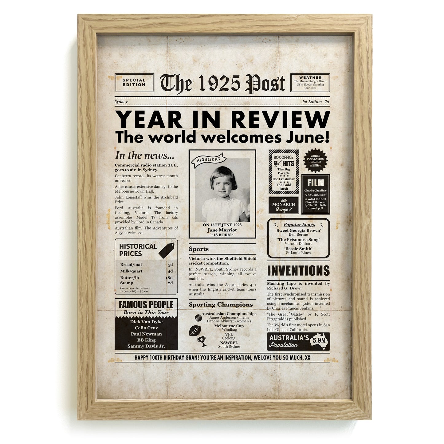 1925 Personalised Australian Newspaper in natural frame