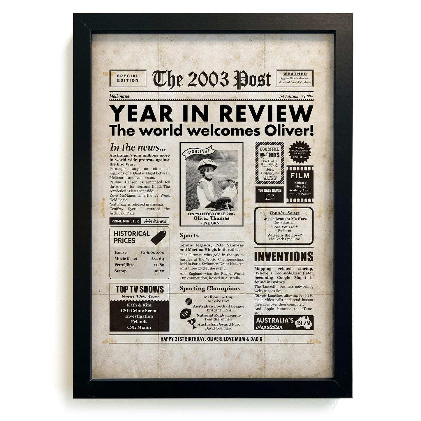 21st Australian Birthday Newspaper featuring image of a kid in a black frame