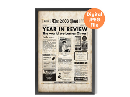 Personalised 21st Birthday Newspaper Gift, Printable File shown in a black frame