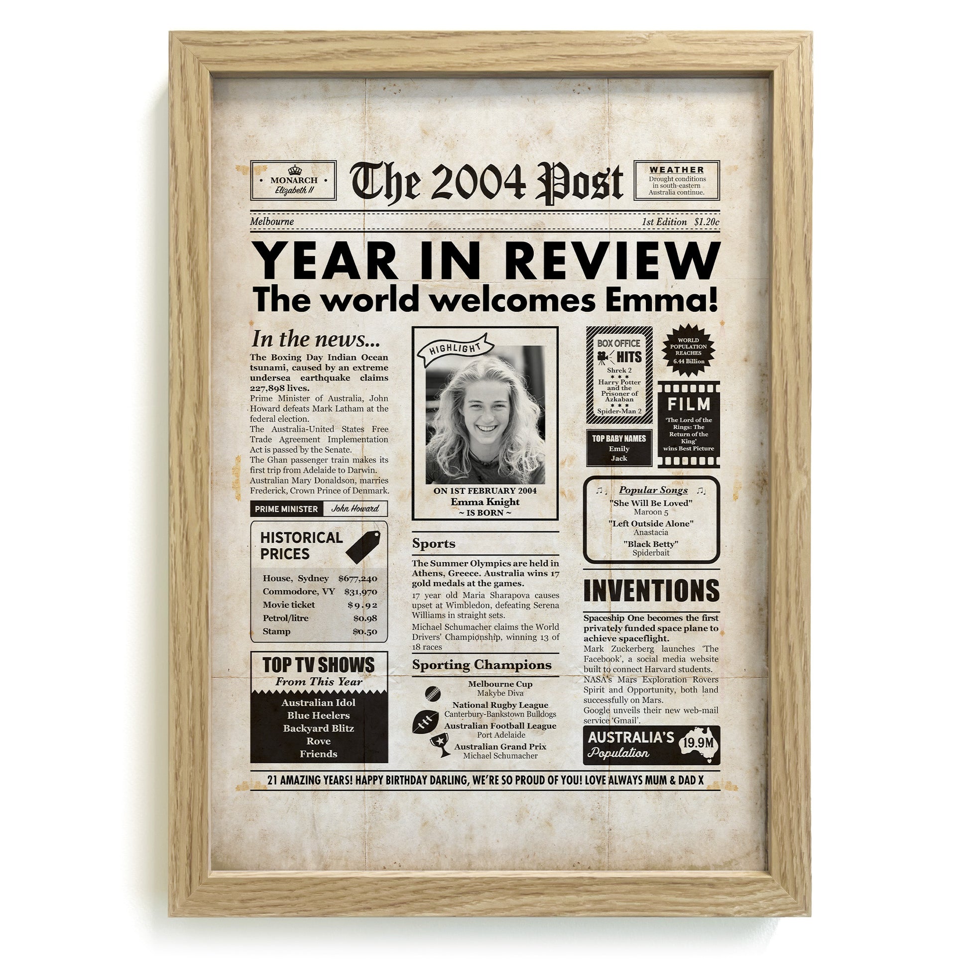 2001 Year you were born newspaper in natural frame