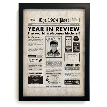 30th Birthday Newspaper in black frame