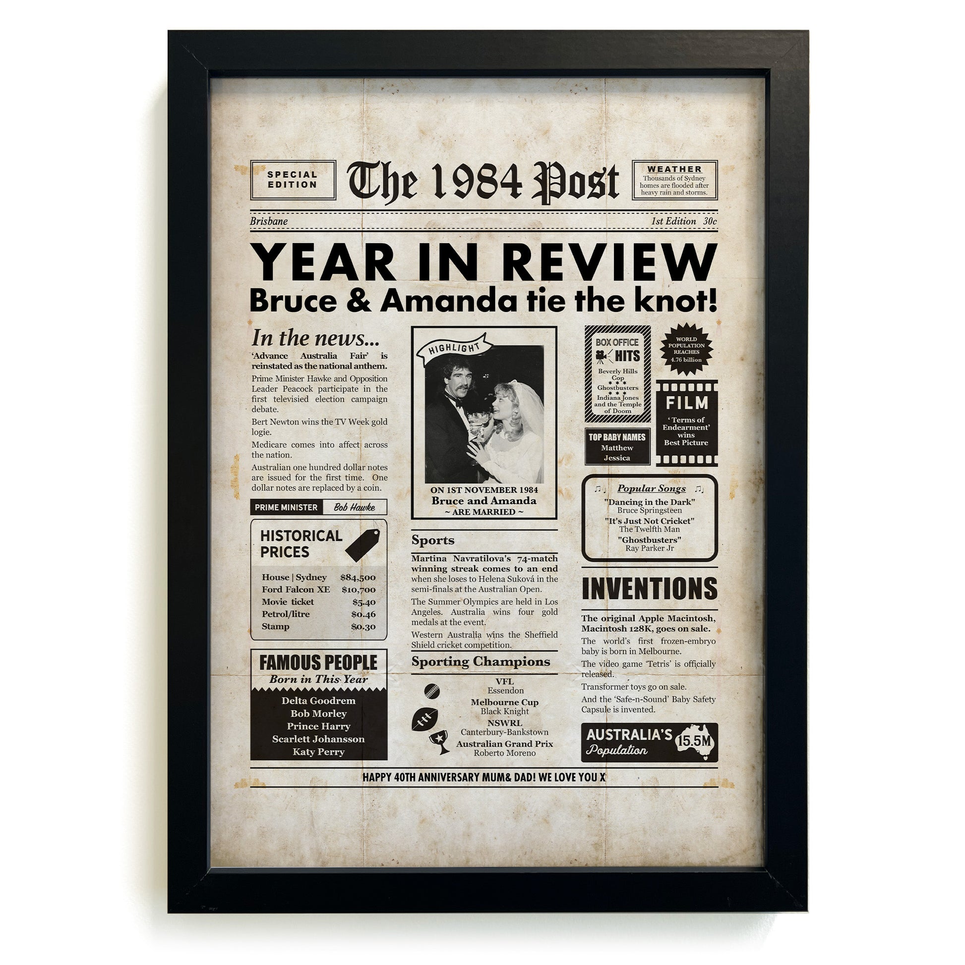 1984 Australian Personalised Newspaper of Bride and Groom in black frame
