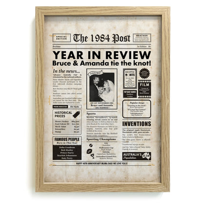 40th Anniversary Personalised Newspaper print of bride and groom in natural frame