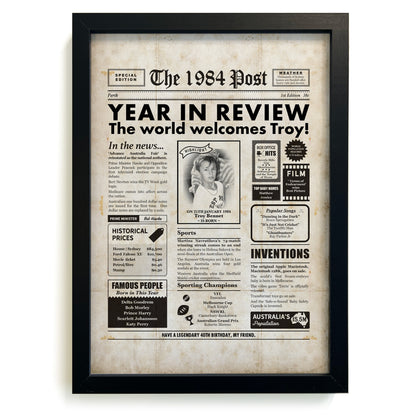 40th Birthday Newspaper with a photo of a child in a black frame