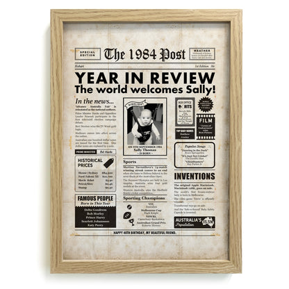 1984 Year You Were Born newspaper in  a natural frame featuring photo of a baby