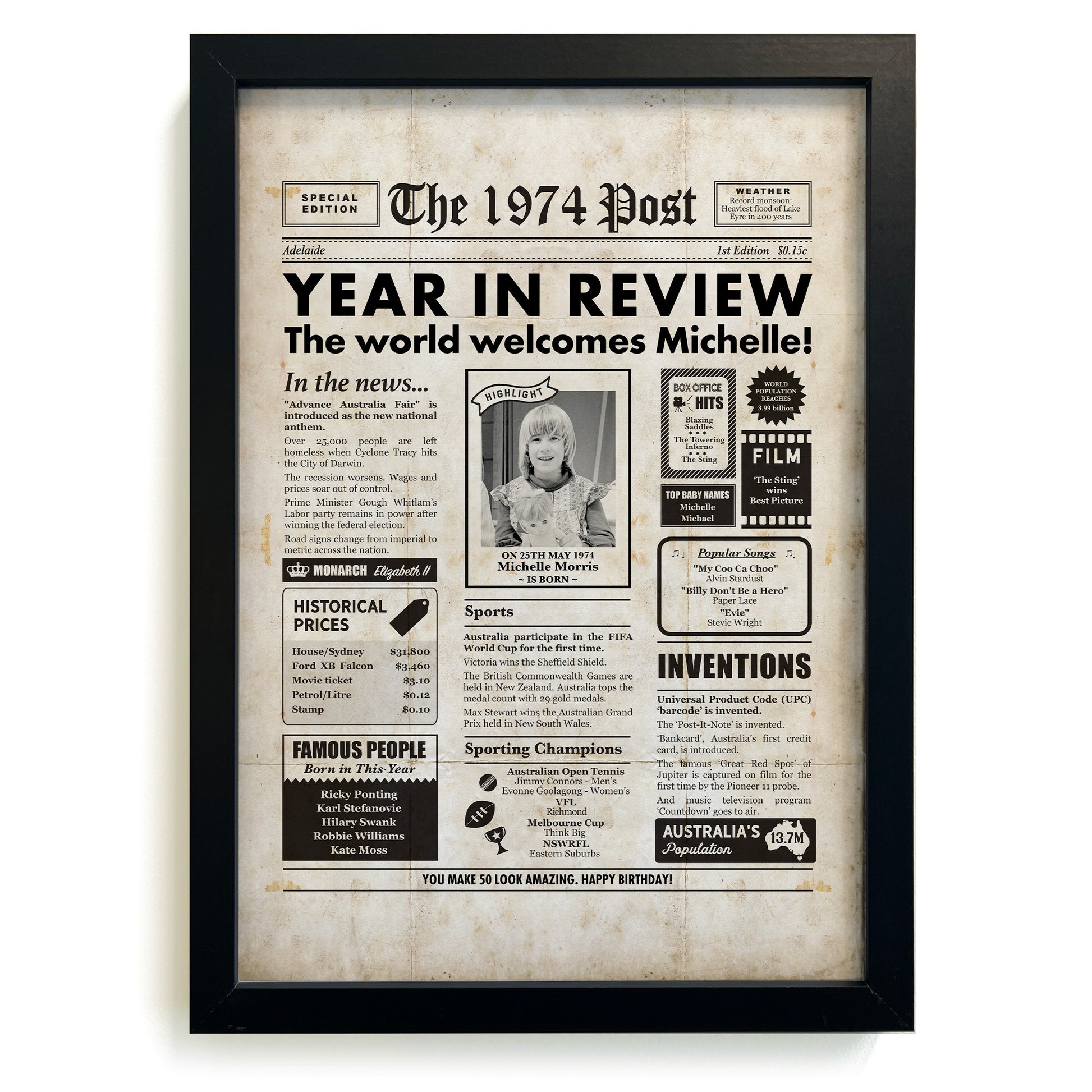50th Birthday Newspaper with Australian facts and photo of a girl in black frame