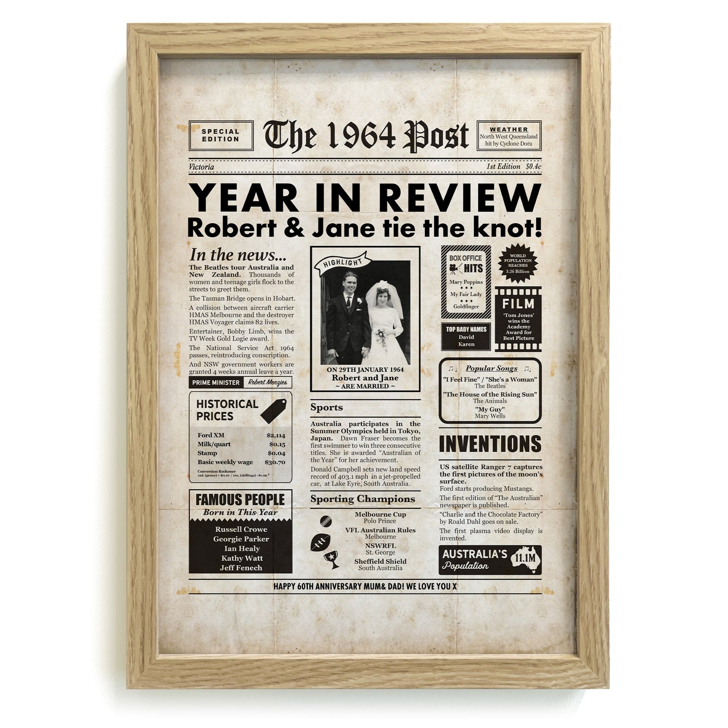 1964 Australian 60th anniversary personalised newspaper in a timber look frame