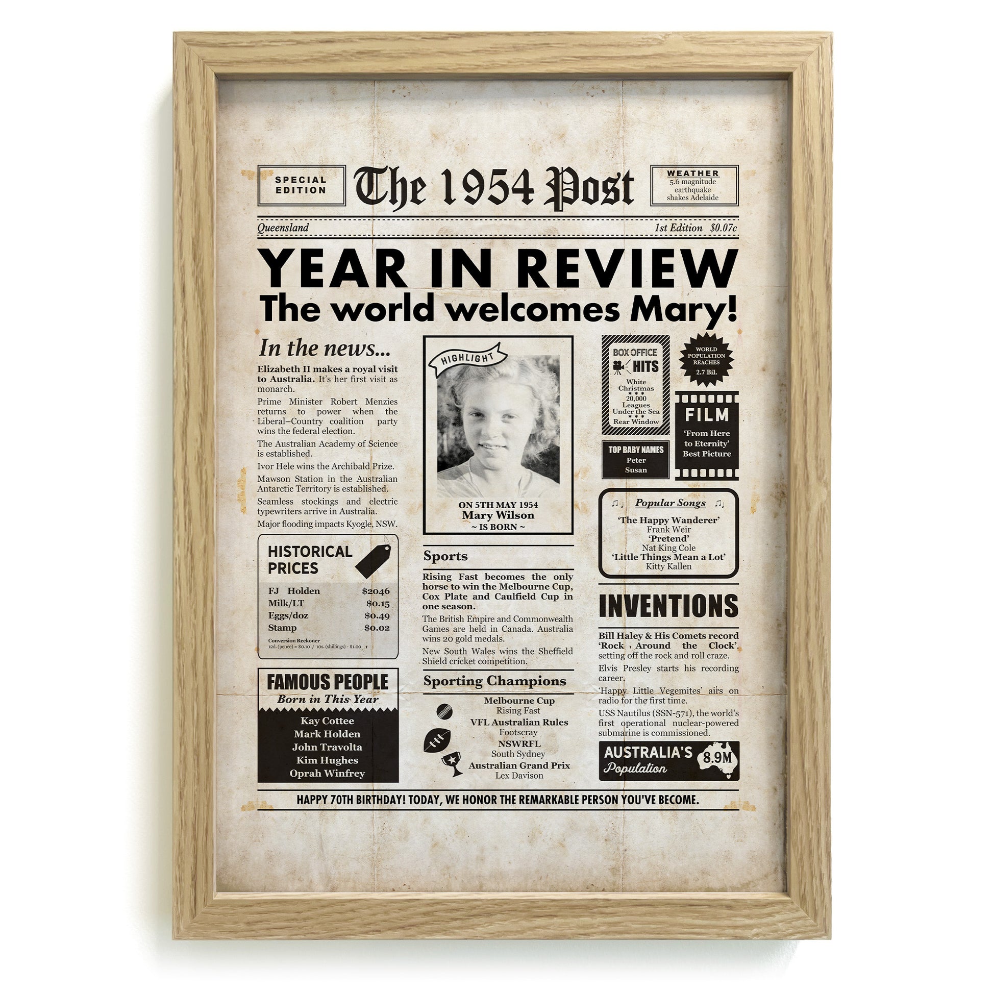 1954 Year You Were Born Australian personalised newspaper in  a natural frame with photo of a girl and Australian facts
