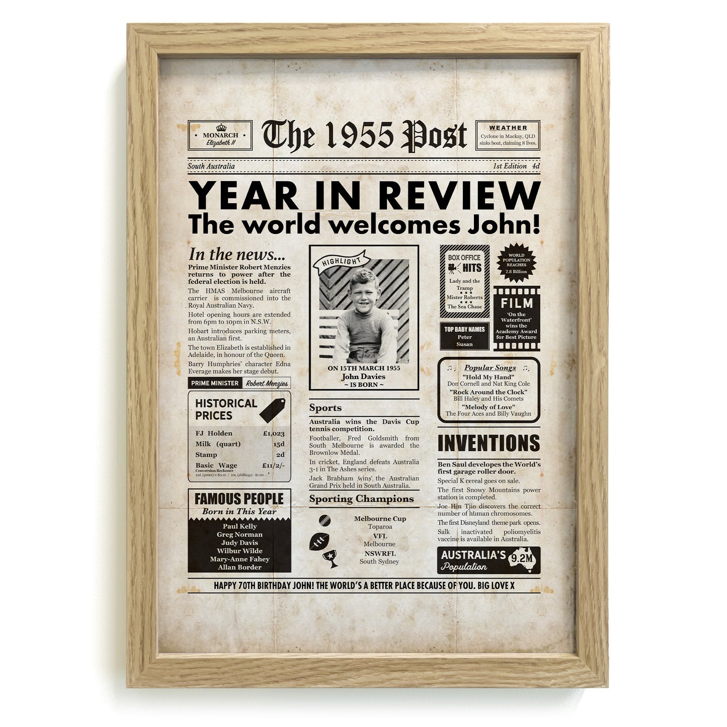 Year In Review newspaper about 1955 in a natural frame.