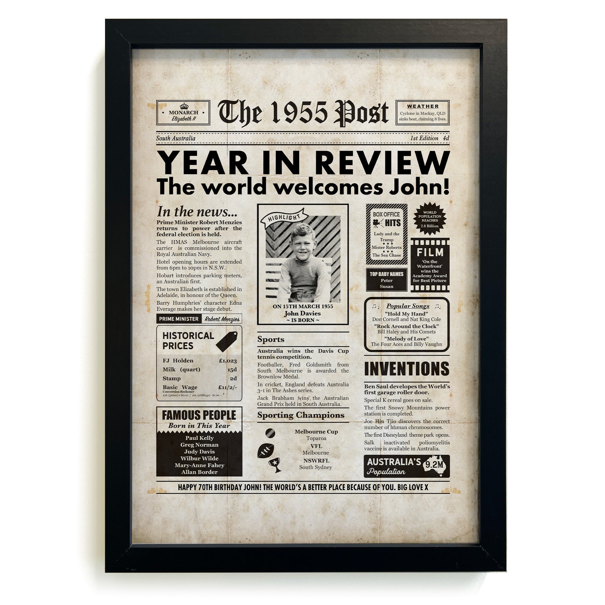 1955 Personalised newspaper in a black frame.
