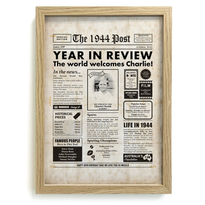 80th Australian Birthday Personalised Newspaper with a photo of a boy in a timber look frame