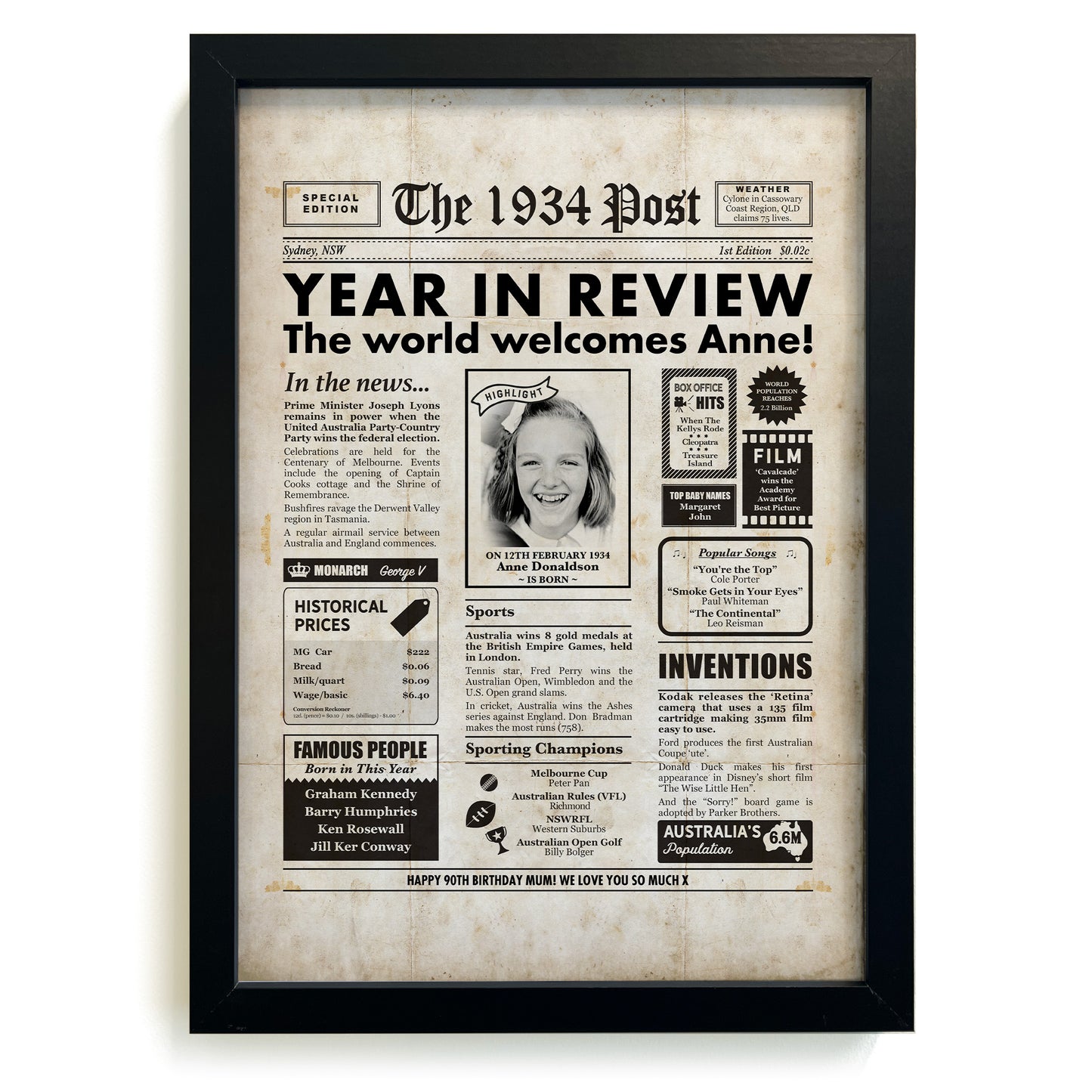 90th Australian Birthday Newspaper with a photo of a girl in a black frame