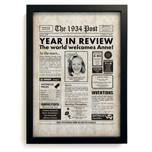 90th Australian Birthday Newspaper with a photo of a girl in a black frame