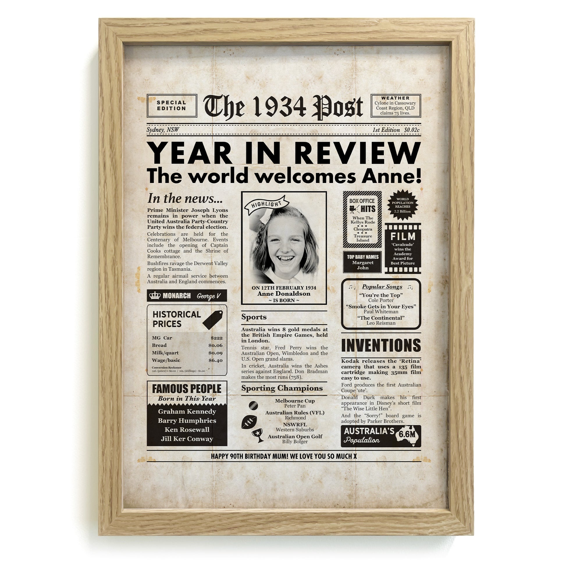 Personalised 1934 Year You Were Born newspaper in  a natural frame