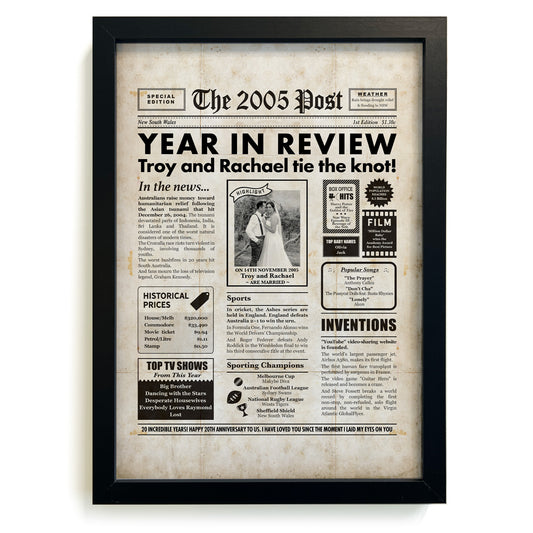 20th Anniversary Newspaper Framed Print