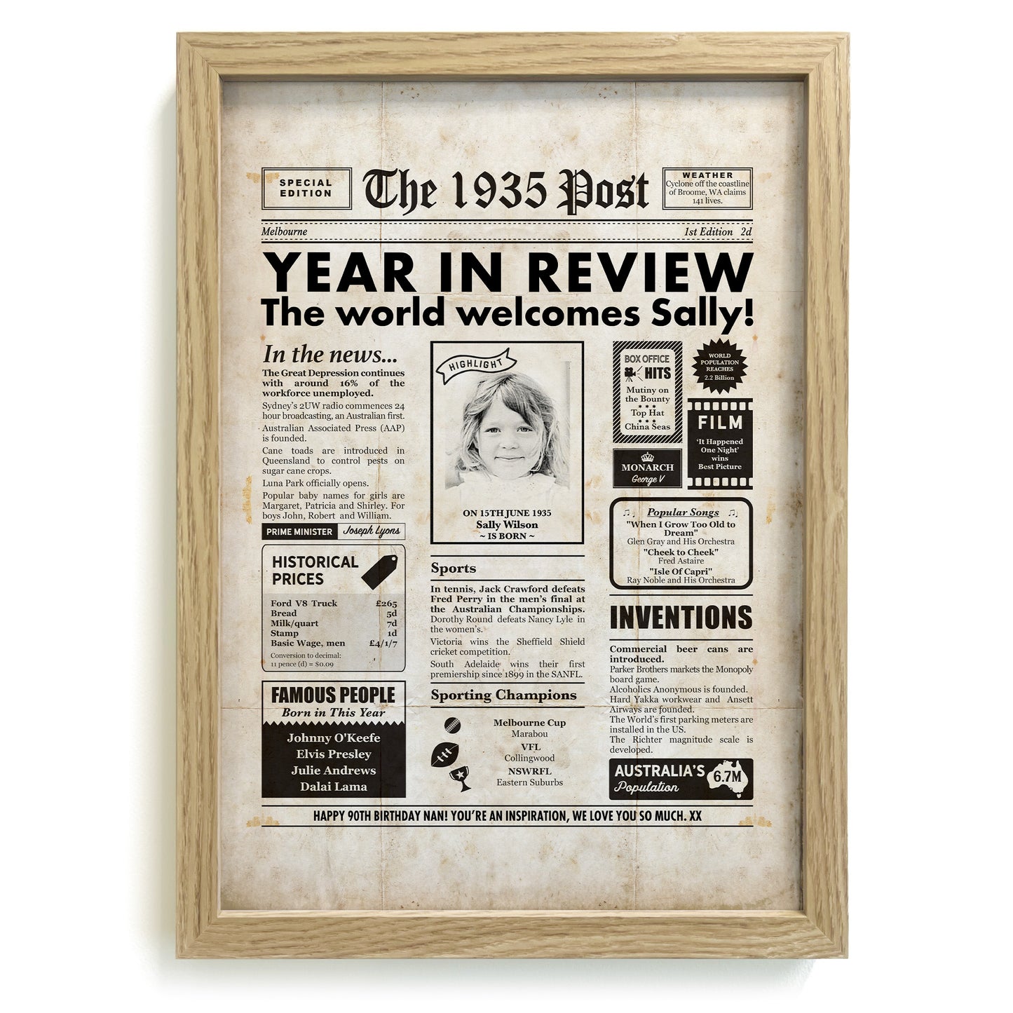 90th Birthday Newspaper Framed Print