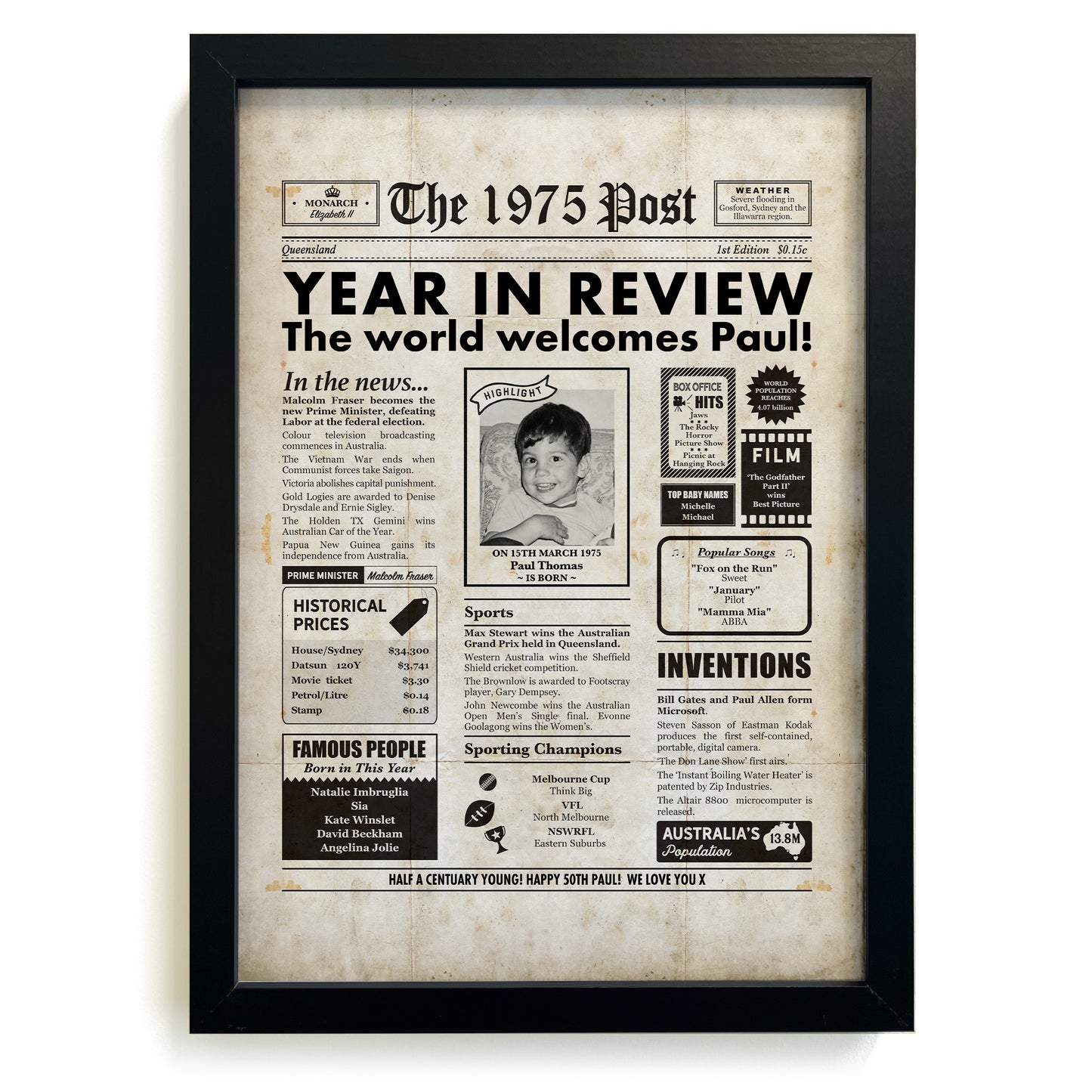 50th Birthday Newspaper A3 Framed Print