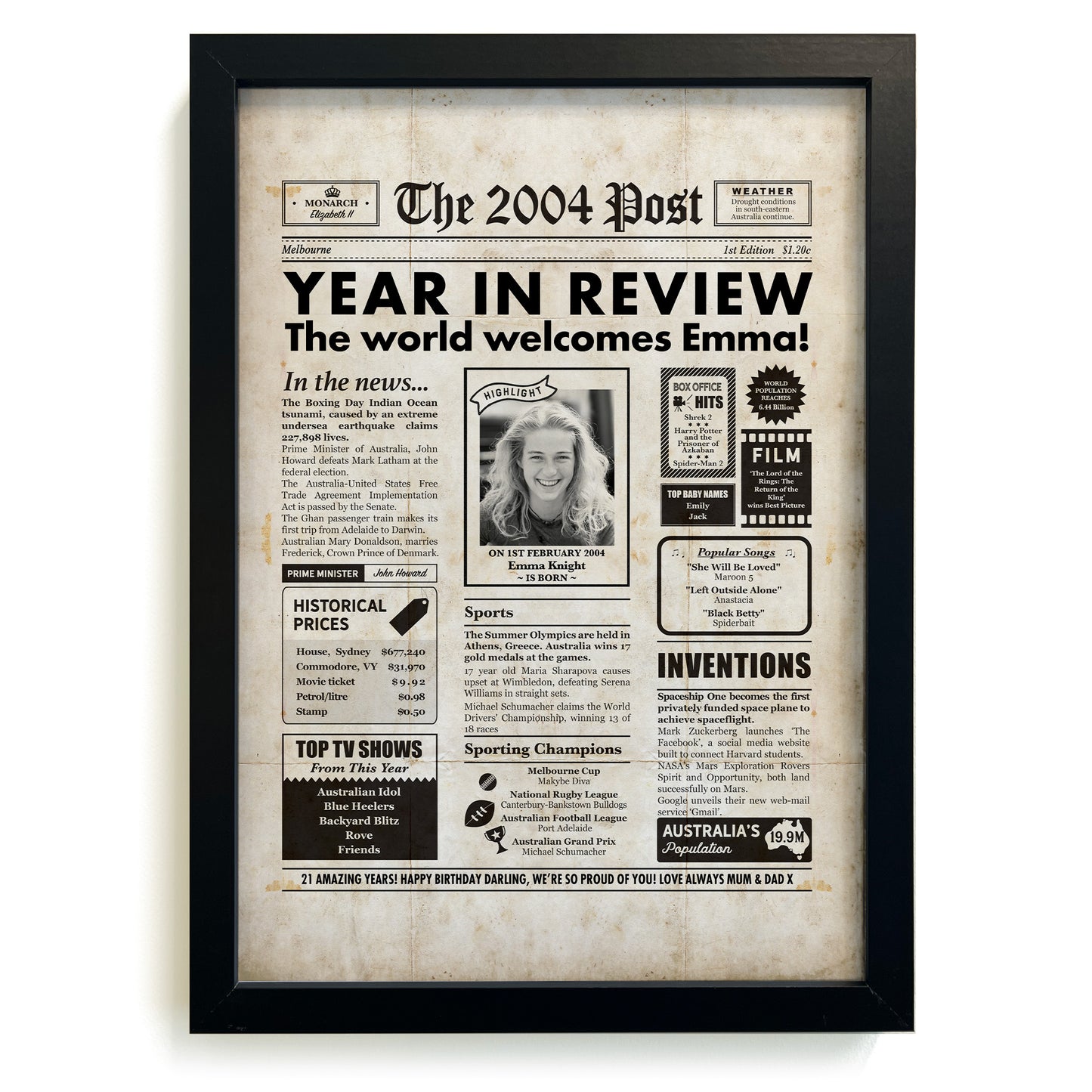 21st Birthday Newspaper Framed Print