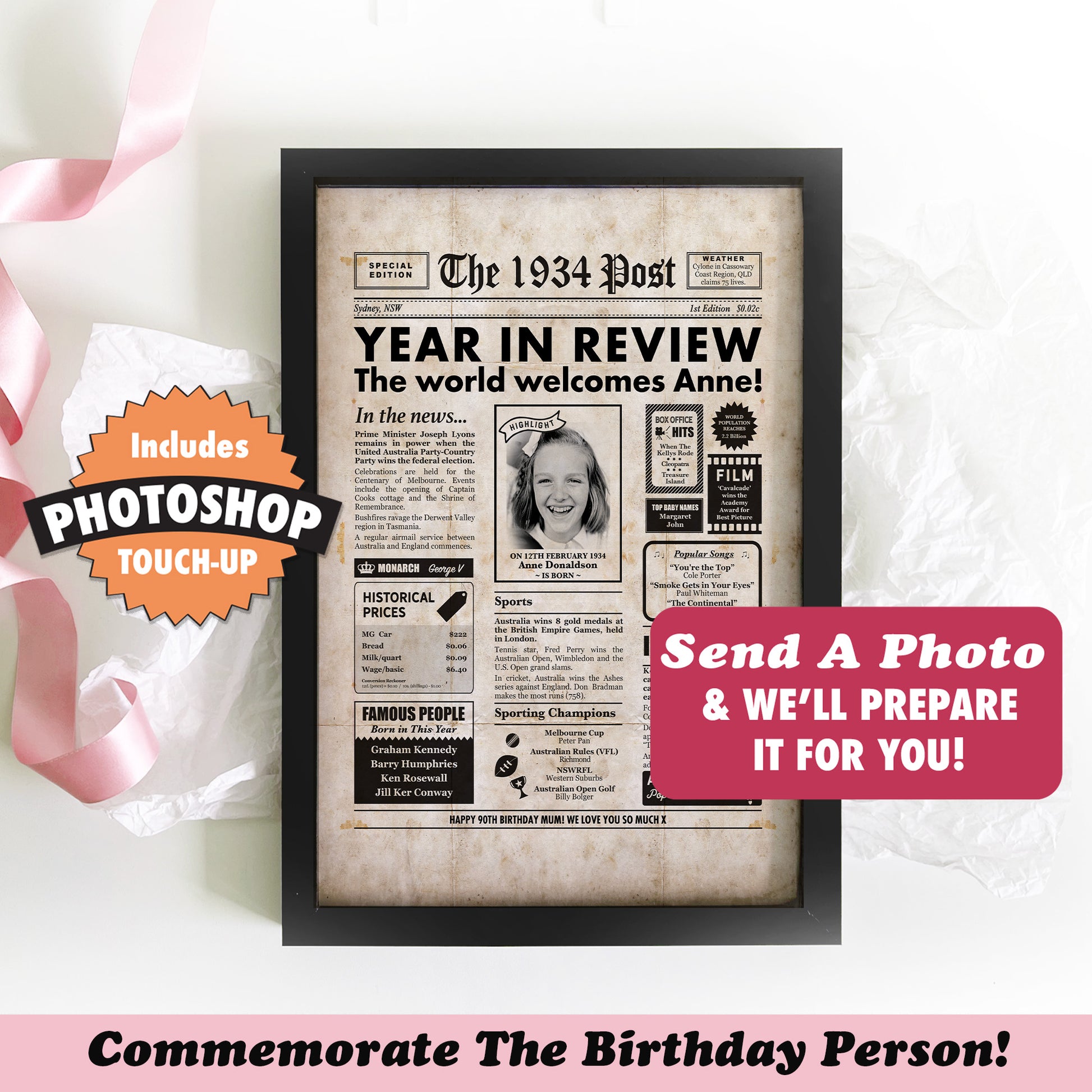 90th birthday newspaper print in black frame