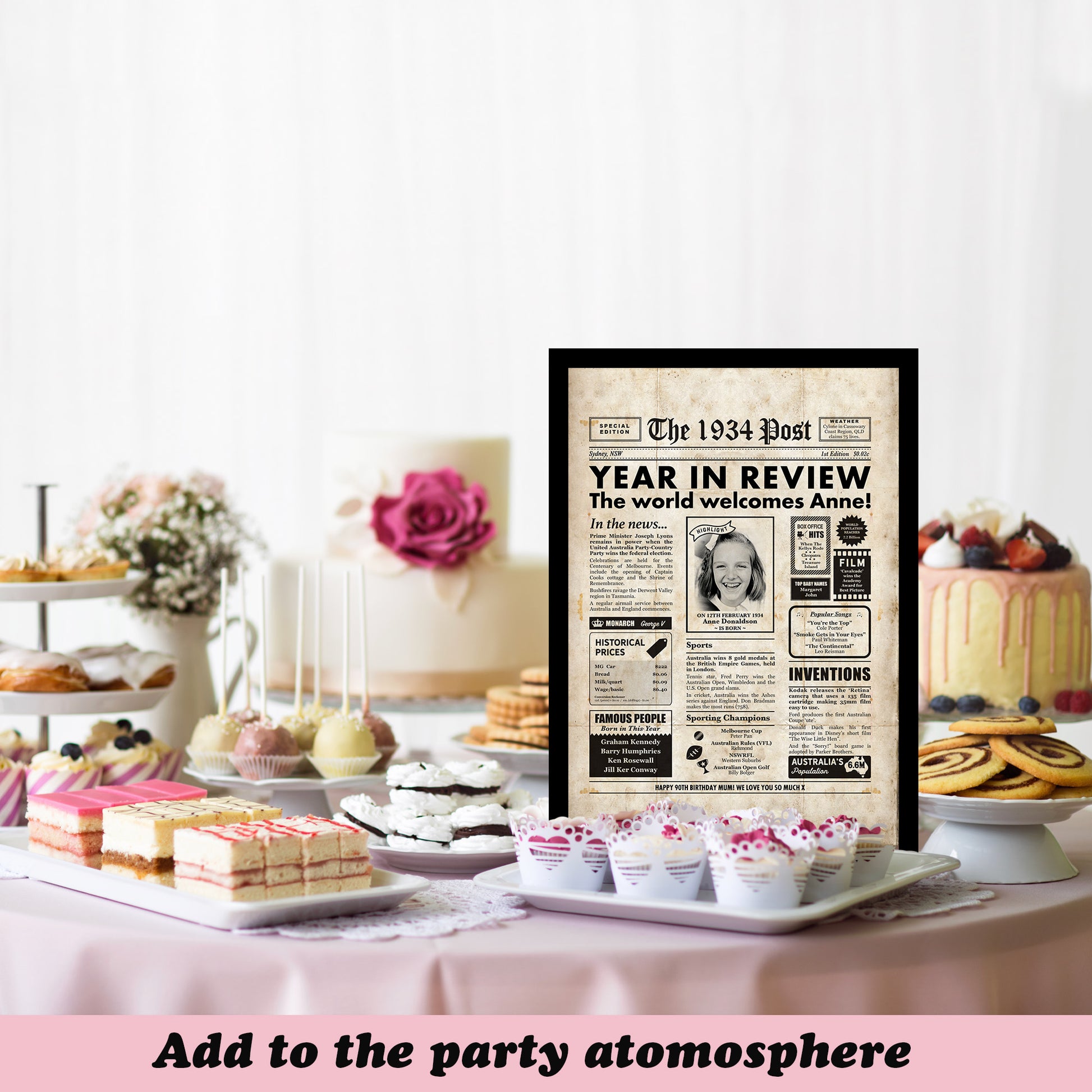 Birthday table set up with 90th birthday newspaper featured