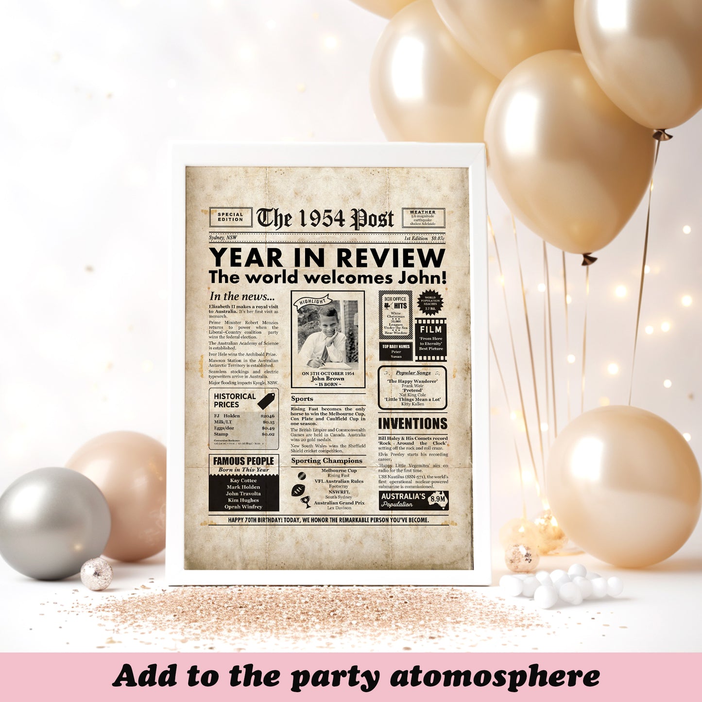 70th birthday newspaper in party setting