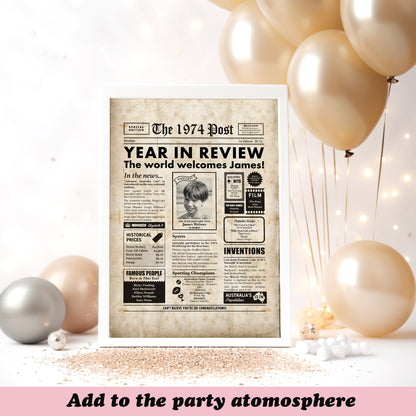 1974 50th birthday newspaper next to gold balloons