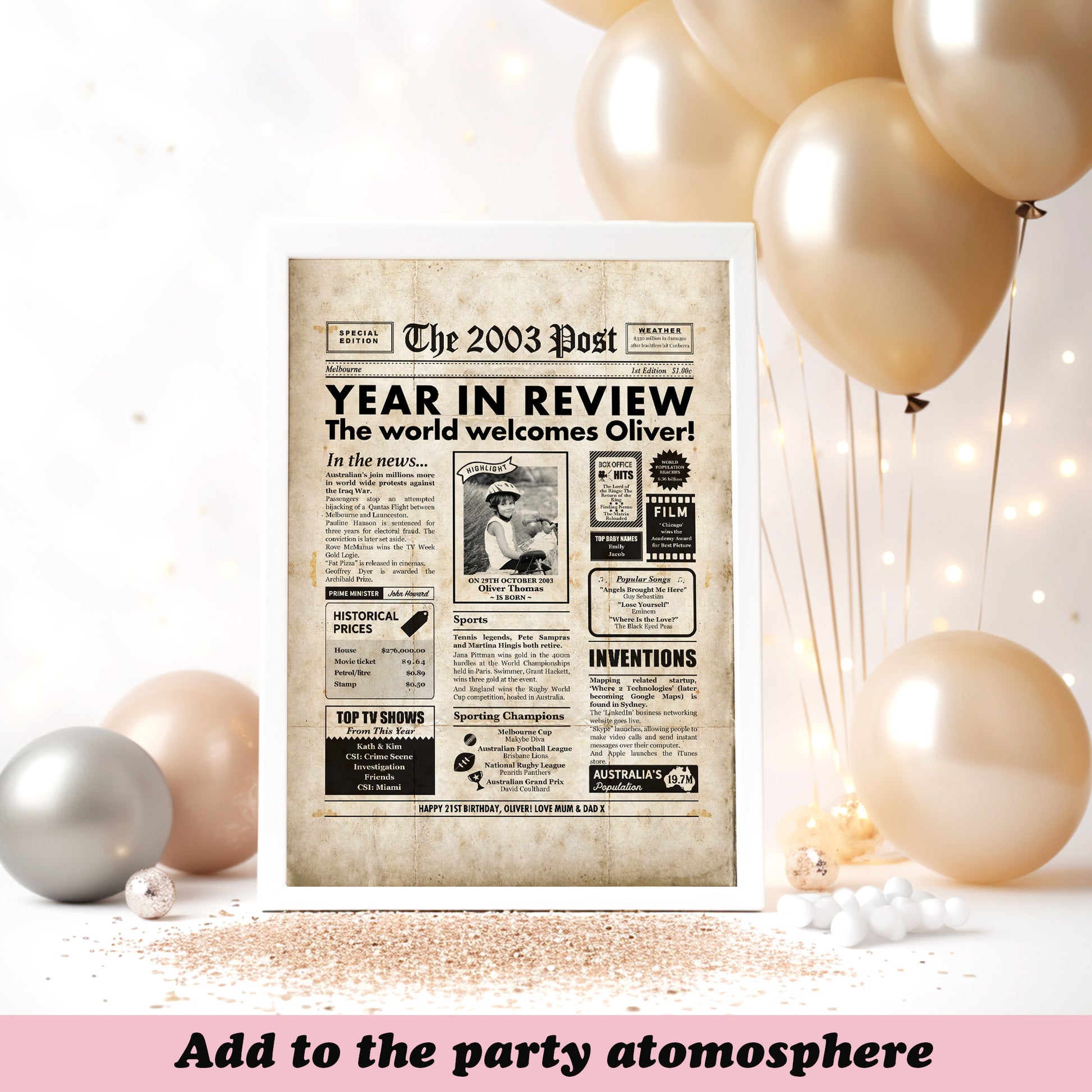 21st birthday newspaper next to party balloons