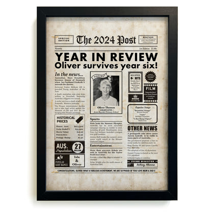 Grade Six graduation newspaper personalised gift in black frame.
